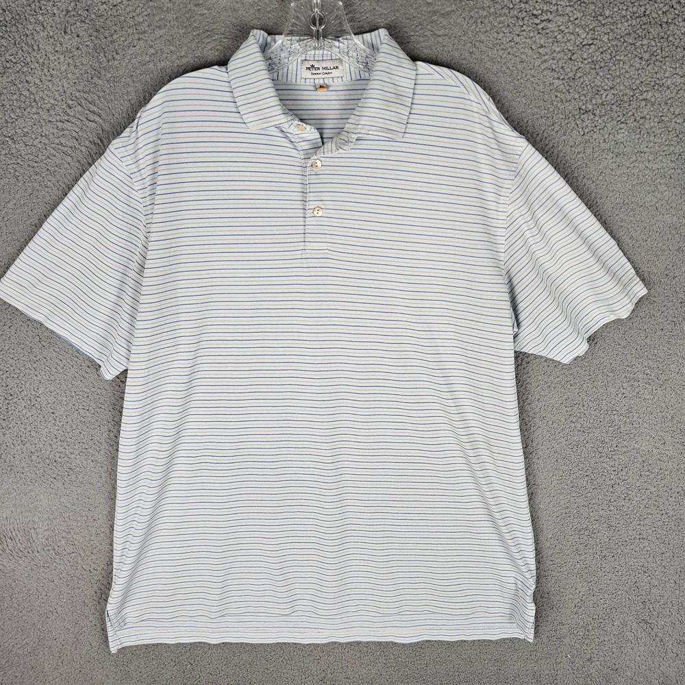 Peter Millar Polo Shirt Mens L White Blue Summer Comfort Striped Short Sleeve